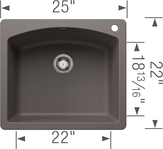 BLANCO 443097 Diamond Silgranit Single Bowl Sink Drop-In or Undermount, 25" L X 22" W - Volcano Gray