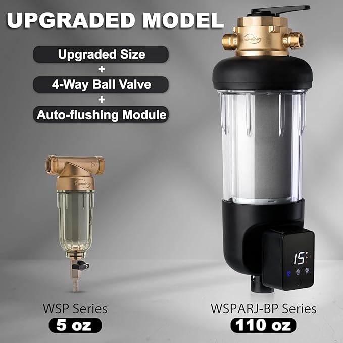 iSpring WSP500ARJ-BP Whole House Water Filter System Prefilter, Auto Flushing Spin Down Sediment Filter for Well Water, Integrated Bypass, 4-Mode Touch-Screen, Reusable, Jumbo Size, 500 Micron