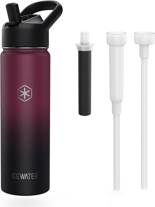 ICEWATER 24 oz Versatile Water Bottle, Regular & Filtered Straw with Filter | Reduces Chlorine Taste & odor, Removes Microplastics and Particulates, Ideal for Travel, Stainless Steel Insulated, BPA-Free