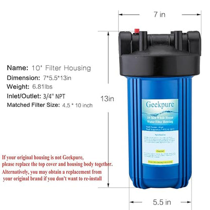 Geekpure 10-Inch Whole House Water Filter Housing with Wrench and Bracket-4.5 x 10 Inch-3/4-Inch Port