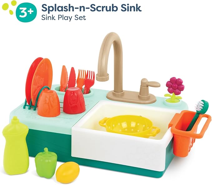 B. toys – Sink Play Set – Toy Kitchen Sink – Faucet & Running Water, Dishes, Play Food – Pretend Play Set for Kids – 3+ Years– Splash-n-Scrub Sink