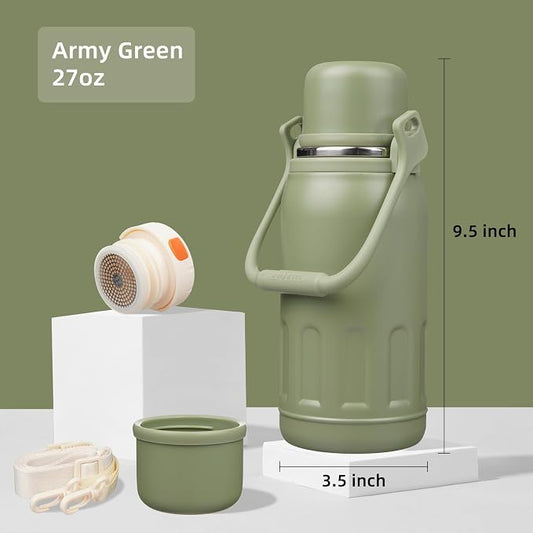 Konokyo Insulated Water Bottle with Handle and Strap,Vacuum Travel Tumbler with Cup Lid,Thermo Coffee Cup for Hot Cold Drinks 27 OZ,Army Green