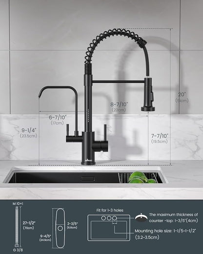 APPASO 3 Way Black Kitchen Faucet with Water Filler | NSF/ANSI/CAN 372 & Lead-free Faucet with Water Filter, 3 in 1 Drinking Sink Faucets Matte Black (Without Filtration Device)
