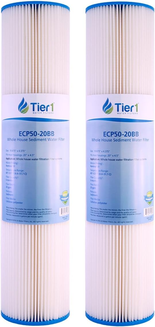 Tier1 50 Micron 20 x 4.5 Water Filter | Pleated Polyester Whole House Sediment Filter Cartridge | Replacement for Pentek ECP50-BB, 4PAY5, 255496-43 | High Flow 4.5 x 20 Entry Point Water Filter (2pk)