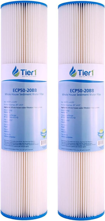 Tier1 50 Micron 20 x 4.5 Water Filter | Pleated Polyester Whole House Sediment Filter Cartridge | Replacement for Pentek ECP50-BB, 4PAY5, 255496-43 | High Flow 4.5 x 20 Entry Point Water Filter (2pk)