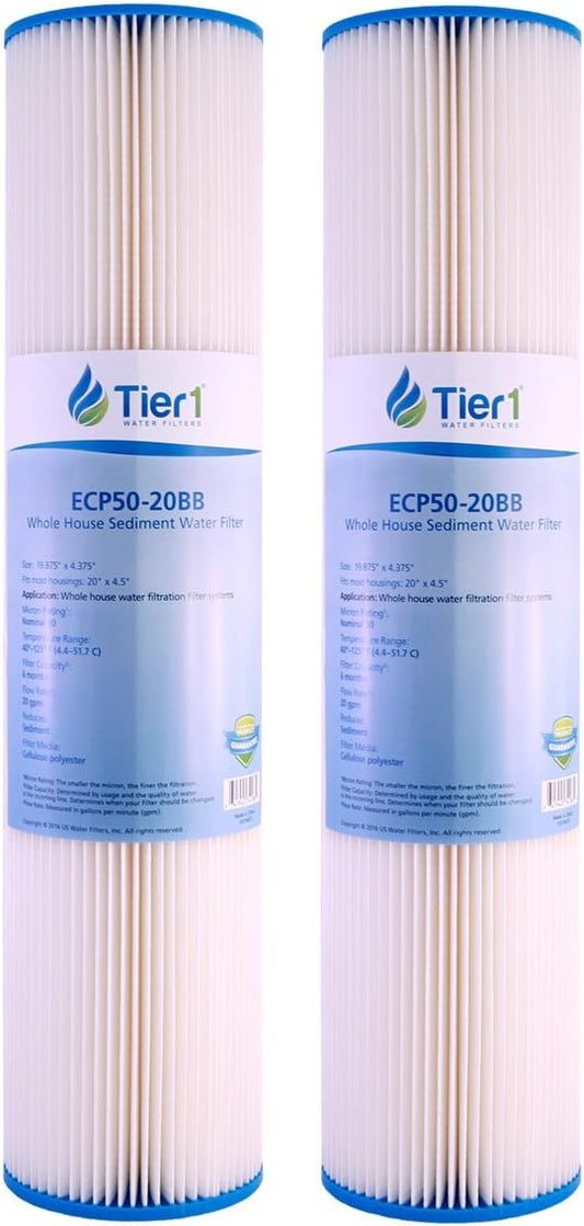 Tier1 50 Micron 20 x 4.5 Water Filter | Pleated Polyester Whole House Sediment Filter Cartridge | Replacement for Pentek ECP50-BB, 4PAY5, 255496-43 | High Flow 4.5 x 20 Entry Point Water Filter (2pk)
