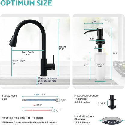 Kicimpro Black Kitchen Sink Faucet with Soap Dispenser, 3 Modes Black Kitchen Faucet with Pull Down Sprayer and Soap Dispenser, 304 Stainless Matte Single Handle Kitchen Faucets with Water Lines