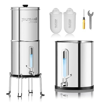Purewell Upgraded 9-Stage Gravity Water Filter System with Water Level Window, 0.01μm Ultra-Filtration Countertop System with 2 Filters and Stand, pH 8-9, Reduce 99% Chlorine, BO-PH-2.25G