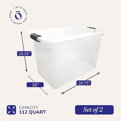 HOMZ 2-Pack Latching Lid, Large Clear Plastic Storage Bins w/Lids, 112 Quart, Gray Latch - Stackable Container Boxes for Home, Bathroom, and Office Organization