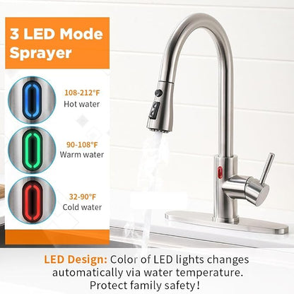 Touchless Kitchen Faucet with Pull Down Sprayer for Kitchen Sink, Single Handle Motion Sensor Faucet with LED Light and Dual-Function Spray, Hands-Free Brushed Nickel Stainless Steel