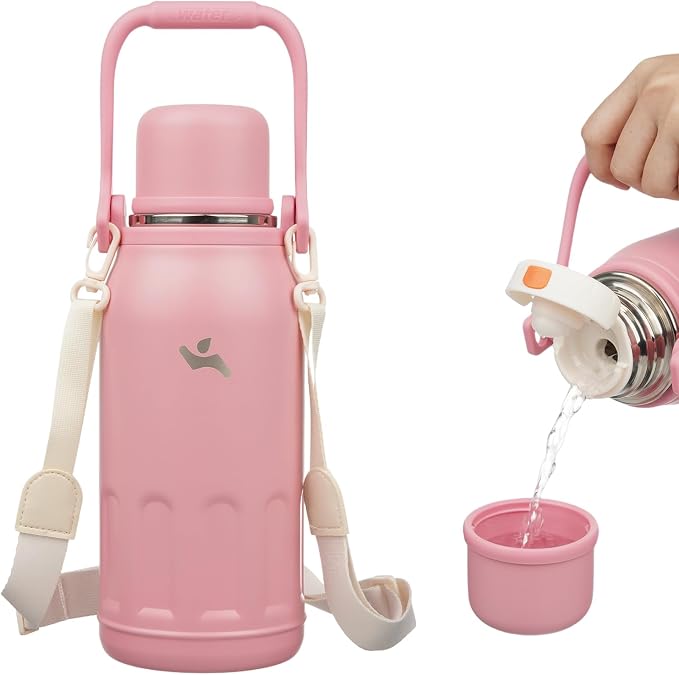 Konokyo Insulated Water Bottle with Handle and Strap,Vacuum Travel Tumbler with Cup Lid,Thermo Coffee Cup for Hot Cold Drinks 40 OZ,Pink