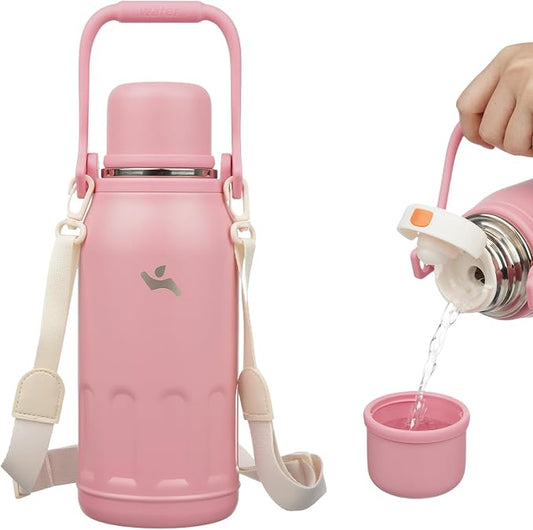Konokyo Insulated Water Bottle with Handle and Strap,Vacuum Travel Tumbler with Cup Lid,Thermo Coffee Cup for Hot Cold Drinks 40 OZ,Pink