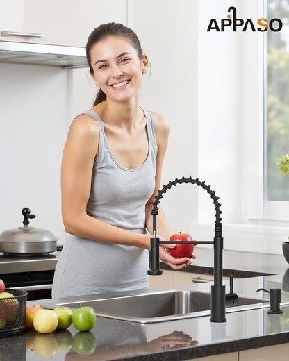 APPASO Black Kitchen Faucet with Soap Dispenser & Pull Down Sprayer | NSF/ANSI/CAN 372 & Lead-free, SUS304 Stainless Steel 3 Modes Faucet for Farmhouse, Bar & RV