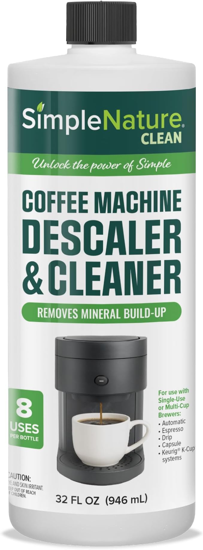 SimpleNature Coffee Descaler (32 fl oz) - Plant-Based Formula Removes Limescale & Buildup from Espresso, Drip, Pod & Single-Serve Machines | Improves Performance & Brew Quality