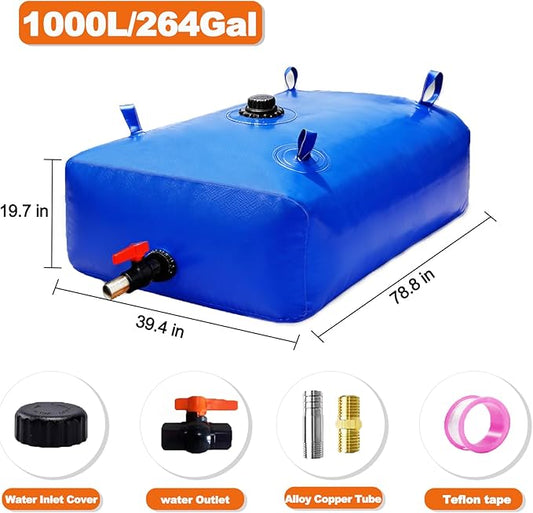 GHOSOONE 1000 L/264 Gal Water Bladder Tank, Foldable Portable Water Storage Container, Emergency Water Bag for RV, Truck Bed, Fire Prevention, Drought Resistance, Blue