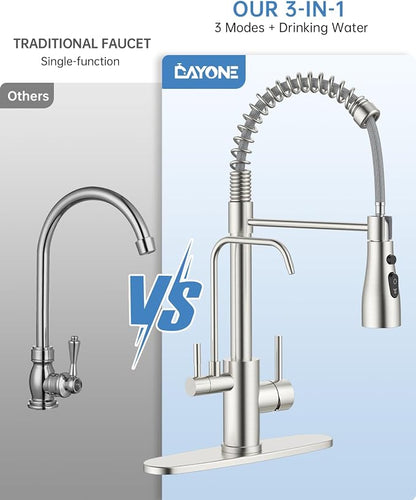 DAYONE Kitchen Faucet with Water Filter and Sprayer, 3 in 1 Pull Down Faucet with Purfied Water Faucet, 20 Inches High Arc Kitchen Water Filter Faucet, Brushed Nickel (Without Filtration Device)