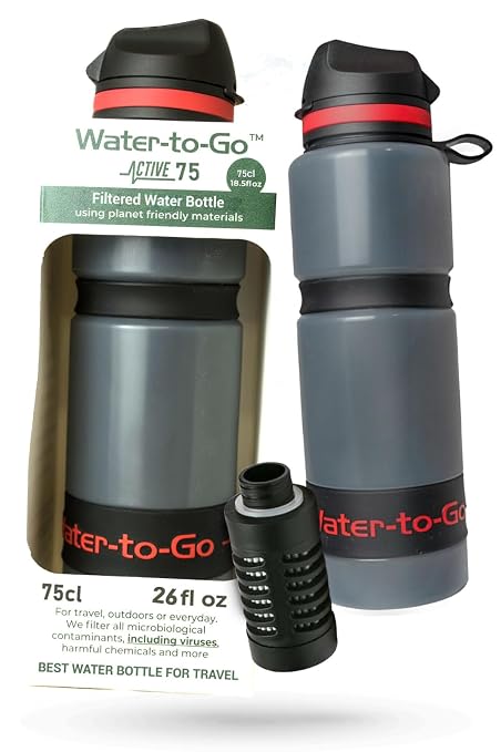 Water-to-Go Active Water Filter Bottle, 25oz/75cl | International Travel, Portable Purification, Eco-Friendly Bioplastic, New Leak-Proof Lid, Filters Viruses Most Bottles Miss