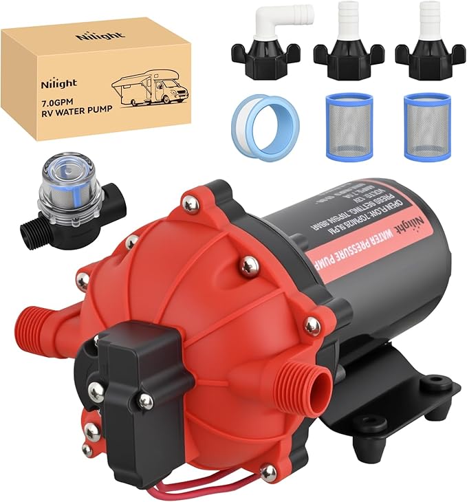 Nilight RV Water Pump 12v Camper Water Pump 7.0 GPM 70 PSI with Pressure Switch Strainer Heavy Duty Diaphragm Pump 12 Volt DC Upgrade Self-Priming Low Noice for RV Marine Yacht Caravan Camper Trailer