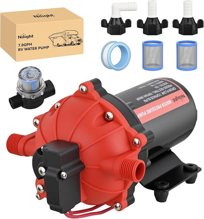 Nilight RV Water Pump 12v Camper Water Pump 7.0 GPM 70 PSI with Pressure Switch Strainer Heavy Duty Diaphragm Pump 12 Volt DC Upgrade Self-Priming Low Noice for RV Marine Yacht Caravan Camper Trailer