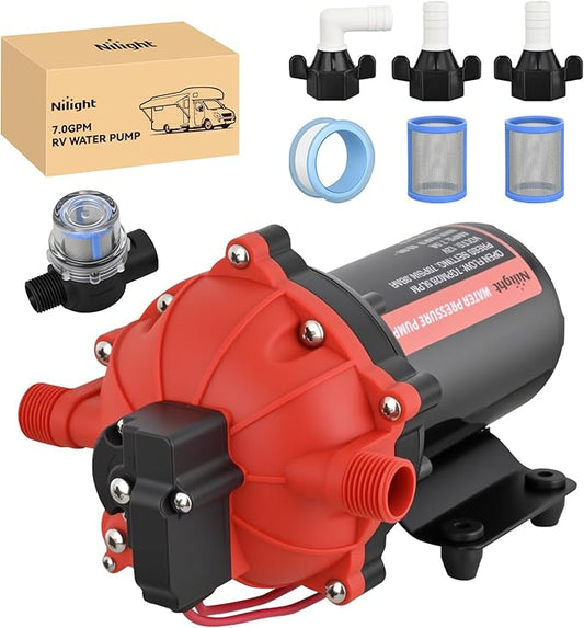 Nilight RV Water Pump 12v Camper Water Pump 7.0 GPM 70 PSI with Pressure Switch Strainer Heavy Duty Diaphragm Pump 12 Volt DC Upgrade Self-Priming Low Noice for RV Marine Yacht Caravan Camper Trailer