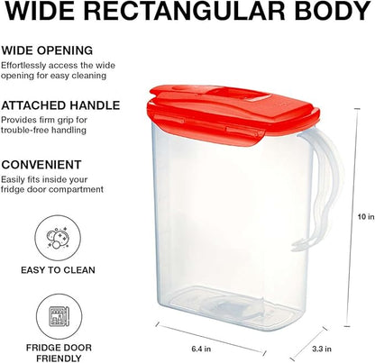 LocknLock Aqua Fridge Door Water Jug | Clear Pitcher | BPA Free Plastic Pitcher with Lid | 3 Quart Pitcher with Lid for Water, Juice, Tea & More Beverages, Red