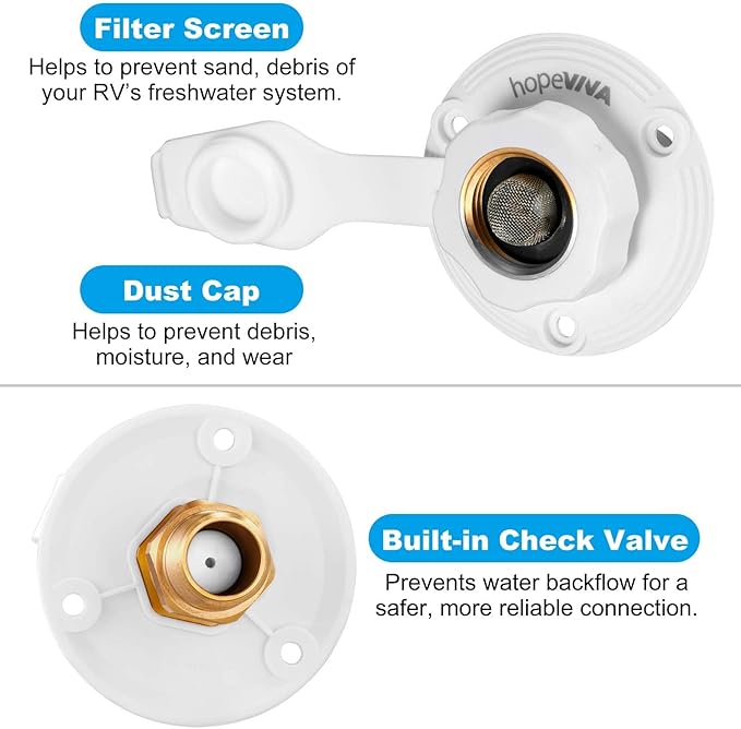 RV Water Inlet Replacement, White Flange RV City Water Inlet with Check Valve, Brass RV Fresh Water Inlet 3/4" GHT Female to 1/2" NPT Male City Water Connection for RV Camper