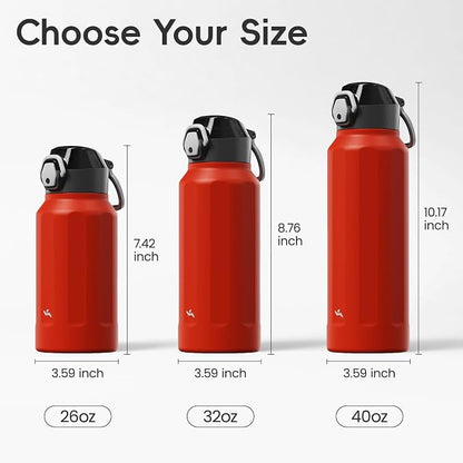 Konokyo FLOWPLAY 40oz Locking Push-Button Water Bottle with Silicone Spout,Leak-Proof,18/8 Stainless Steel Double-Wall Vacuum Insulated for Sports and Travel,BPA-Free,Red