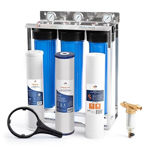 Aquaboon 3-Stage Whole House Water Filter System with 5 Micron 20x4.5 Anti-Scale Reducing Sediment Water Purification and Carbon Chlorine Reduction Filter, Pressure Gauges, Wrench, Bracket