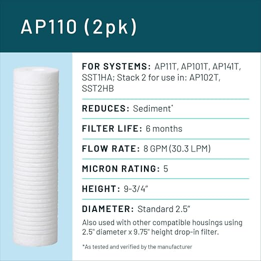 3M Aqua-Pure AP110 2-Pack Whole House Replacement Water Filter Cartridges, 5 Micron Sediment Reduction, for use with AP11T or AP101T Housing