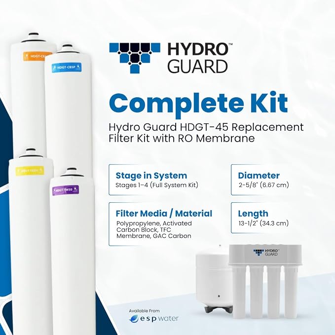 Hydro Guard HDGT-45 4-Stage RO Filter Replacement Kit with 50 GPD Membrane | Complete annual filter refresh bundle for HDGT-45 reverse osmosis drinking water systems; includes all 4 stages plus membrane