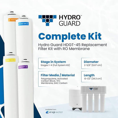 Hydro Guard HDGT-45 4-Stage RO Filter Replacement Kit with 50 GPD Membrane | Complete annual filter refresh bundle for HDGT-45 reverse osmosis drinking water systems; includes all 4 stages plus membrane
