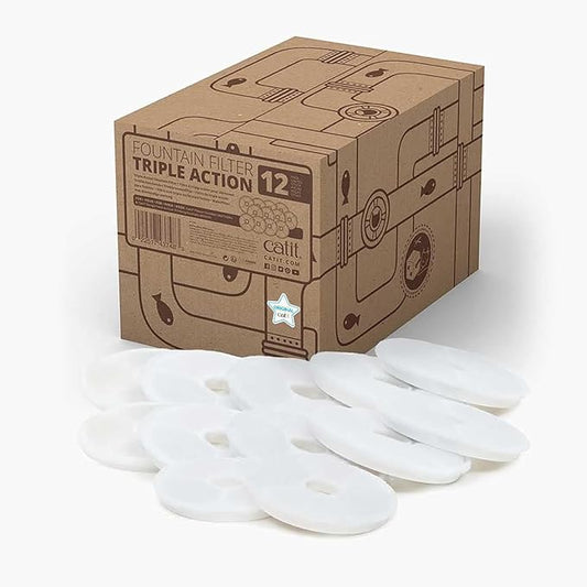 Catit Triple Action Replacement Original Water Fountain Filters, 12 Pack – Official Replacement Filters for Catit Cat Drinking Water Fountains