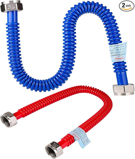 2 Pack, Upgrade Hot & Cold Water Heater Hose, 1" FIP x 1" FIP x 24 in Length Stainless Steel Corrugated Water Line Connector For Water Softener Tanks, Rubber Coating Red & Blue
