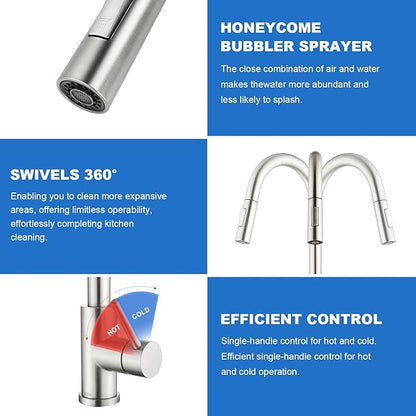 Tohlar Kitchen Sink Faucets with Pull-Down Sprayer, Modern Stainless Steel Single Handle Pull Down Sprayer Faucet with Deck Plate