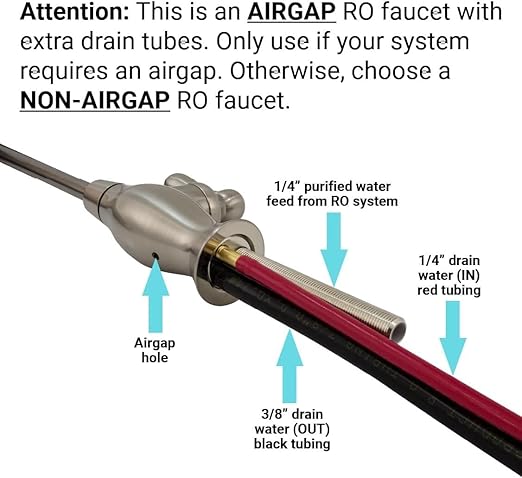 Metpure Airgap RO Faucet with 3-Connection Ports. NSF Certified Reverse Osmosis Drinking Water Filtration System Water Dispenser (Chrome) with Pre-Inserted Tubing and Install Tool. Vase Style.