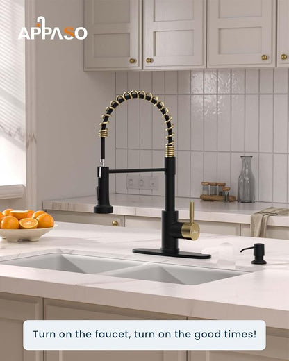 APPASO Black and Gold Spring Kitchen Faucet with Soap Dispenser | NSF/ANSI/CAN 372 & Lead-free, Commercial Single Handle High Arc Faucet for Farmhouse Camper Bar Sink Laundry Room