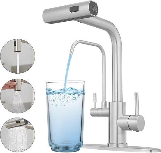 Kitchen Faucets with Water Filter and Pull Down Sprayer,Waterfall Kitchen Sink Faucet,Two Handle Sink Faucet with Pull Down Sprayer for 3 Function,Without Water Filtration Device,Brushed