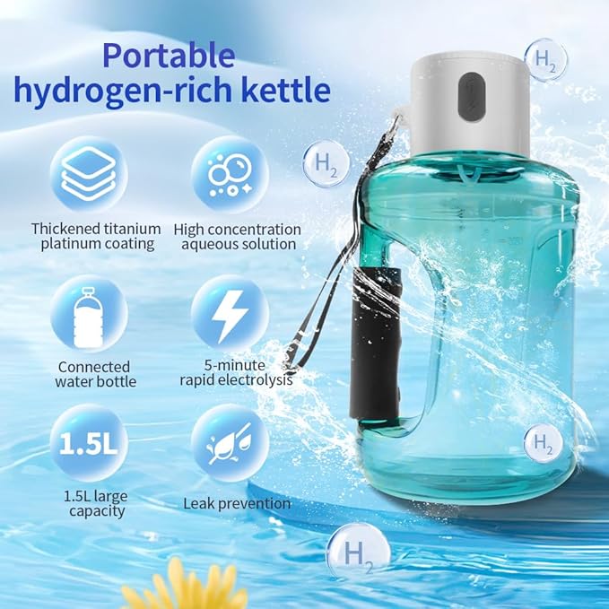 50 OZ/1.5L Hydrogen Water Bottle Portable Hydrogen Water Generator Large Capacity Alkaline Sports Water Bottle with SPE Technology Suitable for Sports Fitness Office Outdoors Presents (Blue)