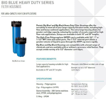 Pentair Pentek 150237 Big Blue Filter Housing,1" NPT #10 Whole House Heavy Duty Water Filter Housing with High-Flow Polypropylene (HFPP) Cap and Pressure Relief Button,10-Inch,Black/Blue (Pack of 6)