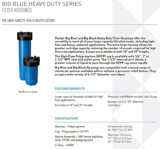 Pentair Pentek 150237 Big Blue Filter Housing,1" NPT #10 Whole House Heavy Duty Water Filter Housing with High-Flow Polypropylene (HFPP) Cap and Pressure Relief Button,10-Inch,Black/Blue (Pack of 6)