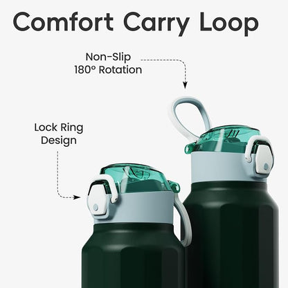 Konokyo FLOWPLAY 40oz Locking Push-Button Water Bottle with Silicone Spout,Leak-Proof,18/8 Stainless Steel Double-Wall Vacuum Insulated for Sports and Travel,BPA-Free,Dark Green