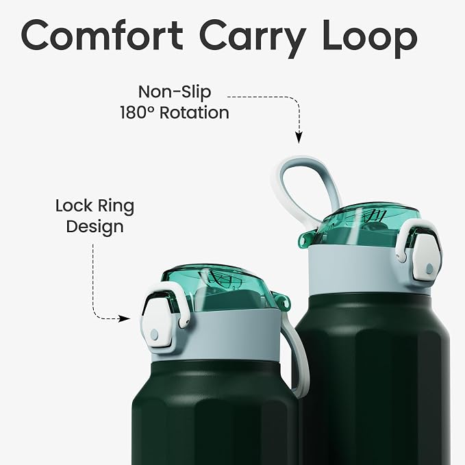 Konokyo FLOWPLAY 32oz Locking Push-Button Water Bottle with Silicone Spout,Leak-Proof,18/8 Stainless Steel Double-Wall Vacuum Insulated for Sports and Travel,BPA-Free,Dark Green