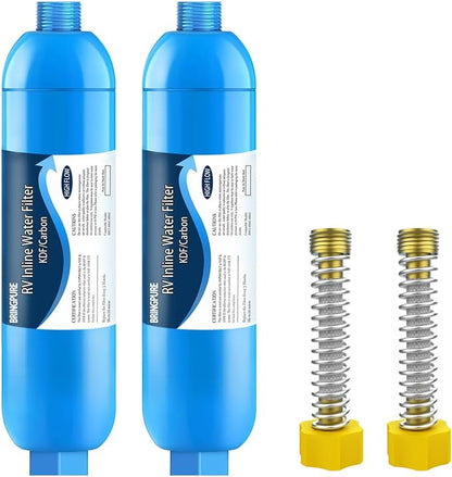 Bringpure 2 Pack RV Inline Water Filter with Flexible Hose Protector | NSF 42/372 Certified, Reduce Chlorine, Odor, Taste, Rust and Fluoride in Drinking Water, Dedicated for RV and Marine
