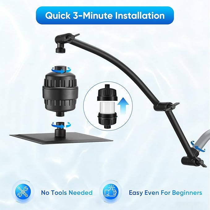Shower Head with Filters, Stainless Steel Rain Filtered Shower Head, High Pressure Shower Head with 16" Shower Extension Arm - 20 Stage Shower Filter for Hard Water - 12" Black