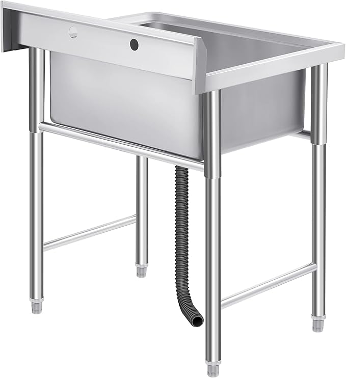 Garvee Outdoor Freestanding Stainless Steel Utility Sink, Commercial Single Bowl Prep Sink with Backsplash for Kitchen, Restaurant, Laundry, Garage, Bar & Workshop – Easy Clean & Anti-Splash Design