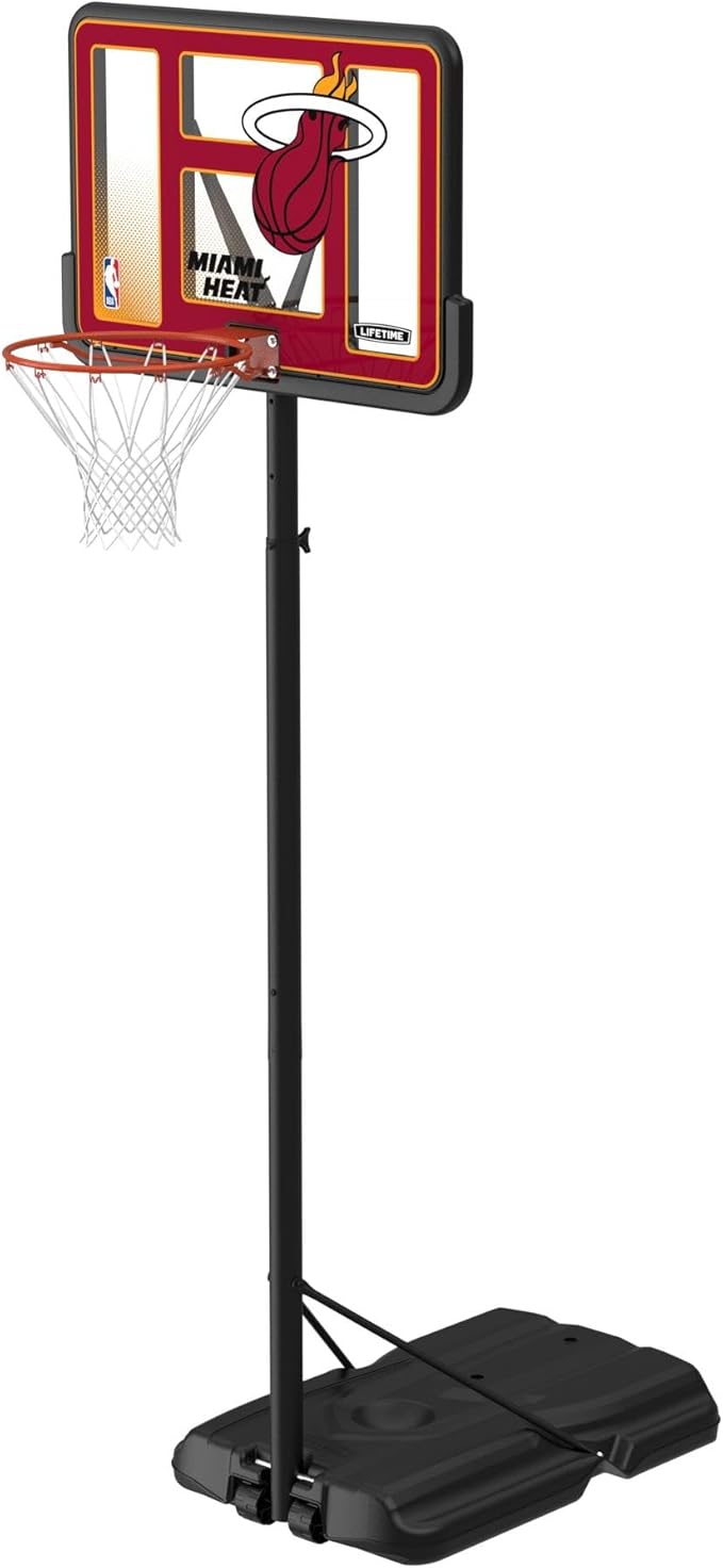 Lifetime NBA Miami Heat Portable Basketball Hoop, Adjustable Height 7.5-10 Ft, 44 Inch Shatterproof Fusion Backboard, Base with Wheels