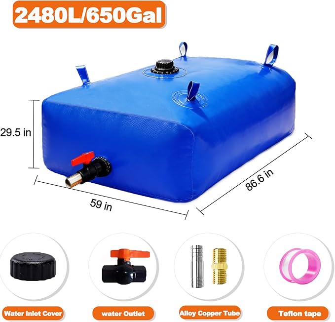 GHOSOONE 2480 L/650 Gal Water Bladder Tank, Foldable Portable Water Storage Container, Emergency Water Bag for RV, Truck Bed, Fire Prevention, Drought Resistance, Blue