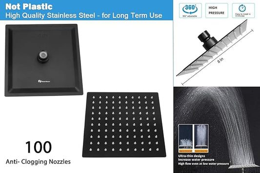 NearMoon Square Shower Head and 15 Stage Shower Filter Combo, High Pressure Filtered Head for Hard Water, Improves the Condition of Your Skin, Hair (Matte Black)