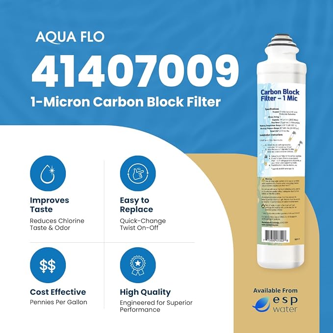 Aqua Flo Carbon Block Filter 1 Micron 41407009 – Quick-Change Replacement for Aqua Flo Platinum QCRO & QCUF 4-Stage Systems – Reduces Chlorine, Taste, Odor – Polishing or Pre-Filter Cartridge