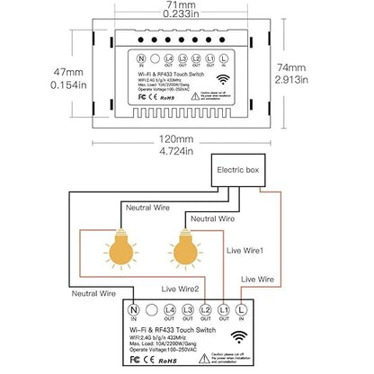 MOES 2.4GHz WiFi Wall Touch Smart Switch Neutral Wire Required, 3 Way Multi-Control, Glass Panel Light Switch Work with Smart Life/Tuya App, RF433 Remote Control, Alexa and Google Home White 4 Gang